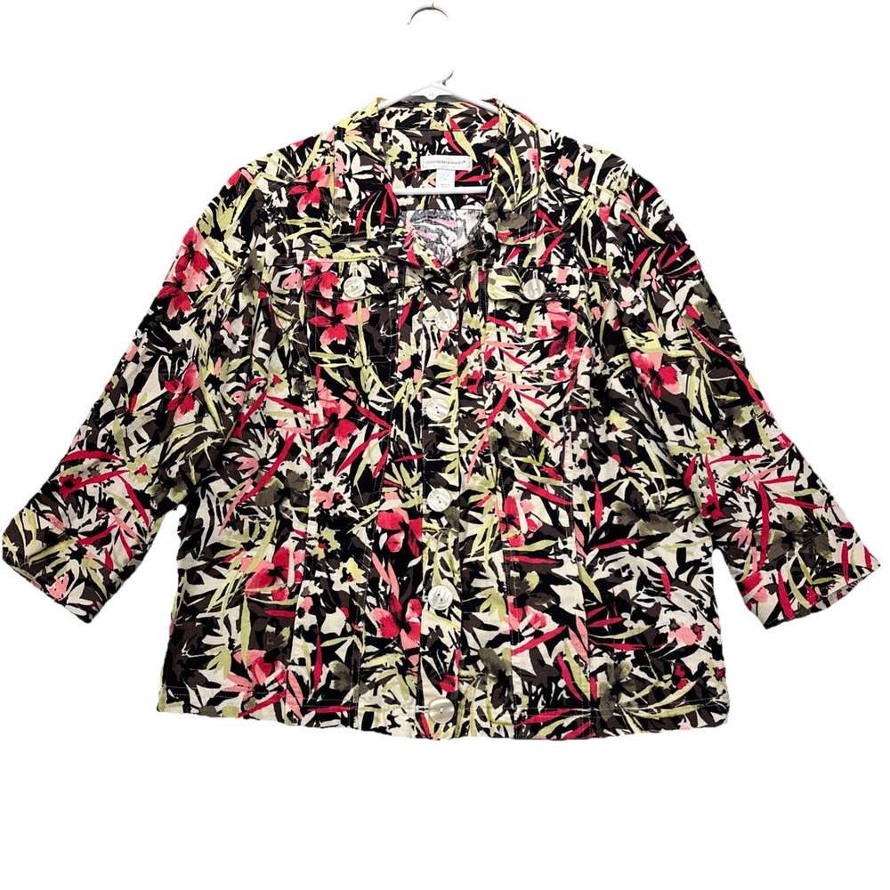 Christopher & Banks Blazer Jacket Womens XL  Floral Linen Blend Pockets Colorful